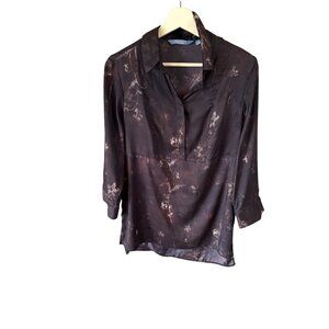 Simply Vera Wang Abstract Print Blouse Black Gray 3/4 Sleeve Medium Casual
